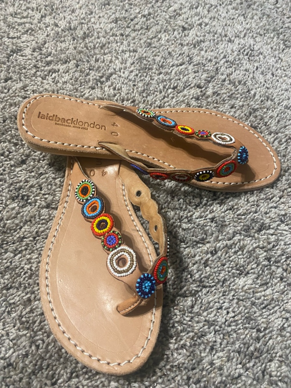 Anthropologie Tan Beaded Thong Sandals with Multicolor Accents - Picture 2 of 4
